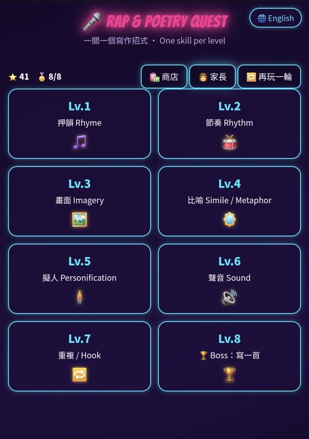 遊戲的關卡地圖，八個關卡依序是：Lv.1 押韻 Rhyme、Lv.2 節奏 Rhythm、Lv.3 畫面 Imagery、Lv.4 比喻 Simile / Metaphor、Lv.5 擬人 Personification、Lv.6 聲音 Sound、Lv.7 重複 Hook、Lv.8 Boss 關寫一首。畫面上方顯示已收集 41 顆星、8 個勳章全滿